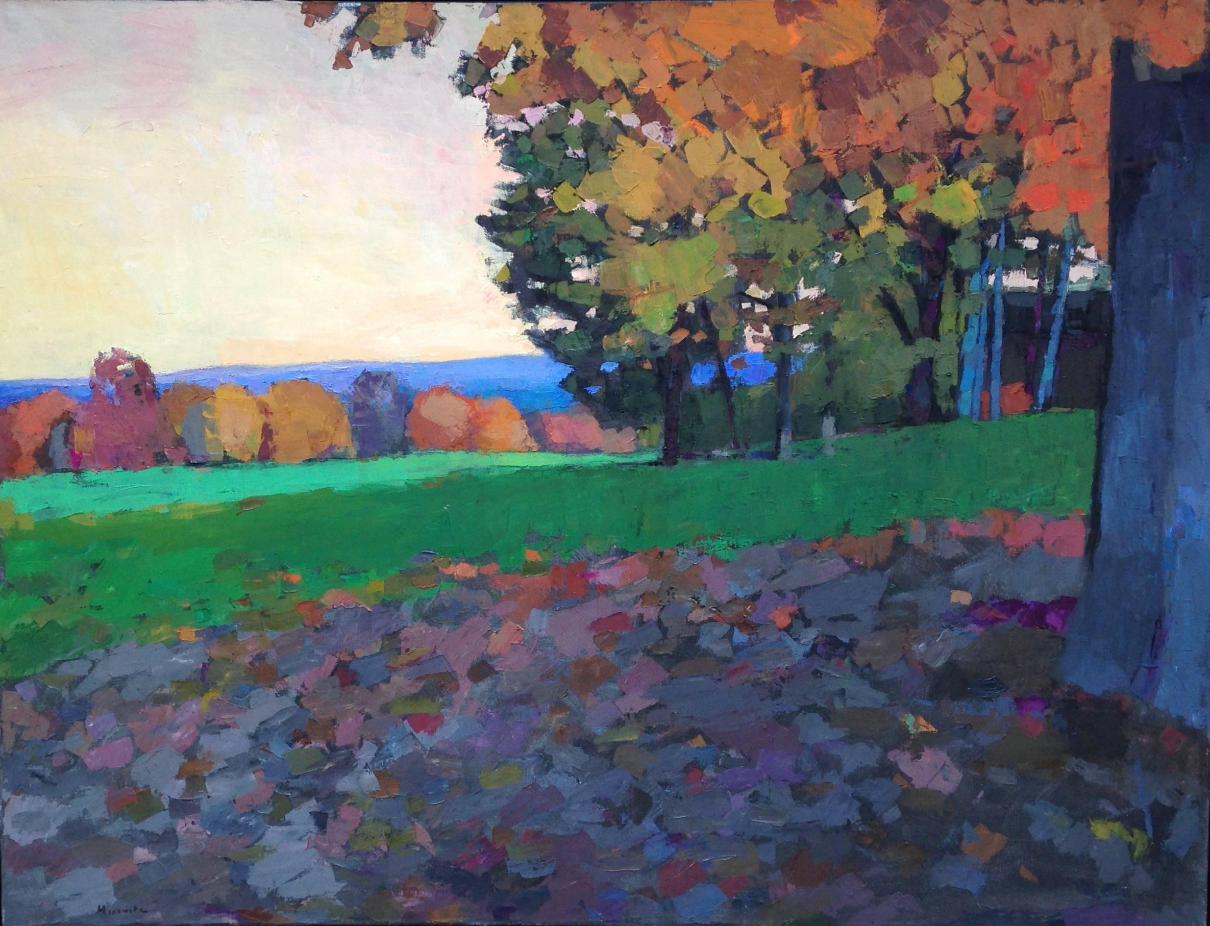 Larry Horowitz Landscape Painting - "New England Farm" oil painting of a green farm with Autumn foliage