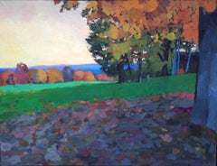 "New England Farm" oil painting of a green farm with Autumn foliage