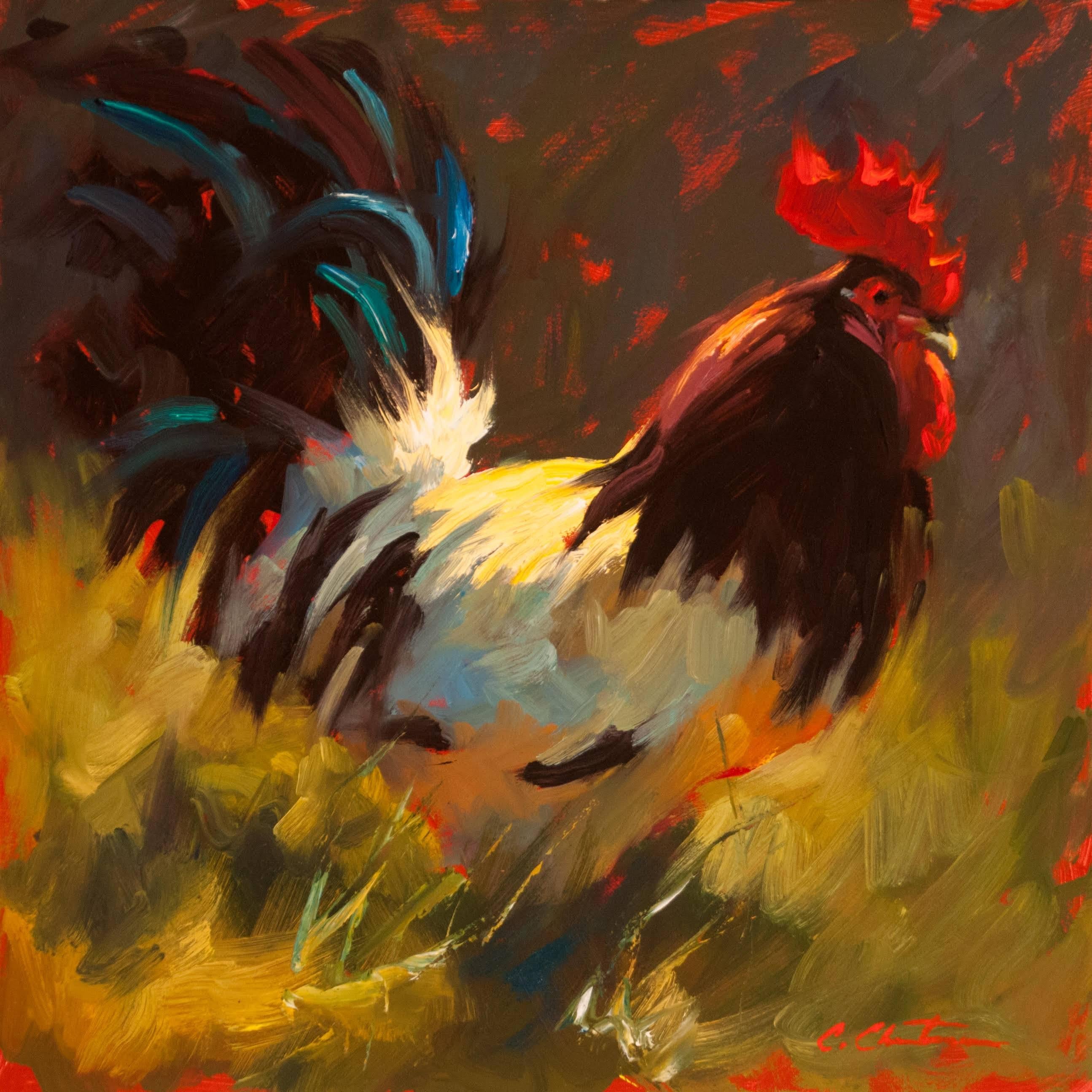 Cheri Christensen Animal Painting - Rooster at Grey Barn
