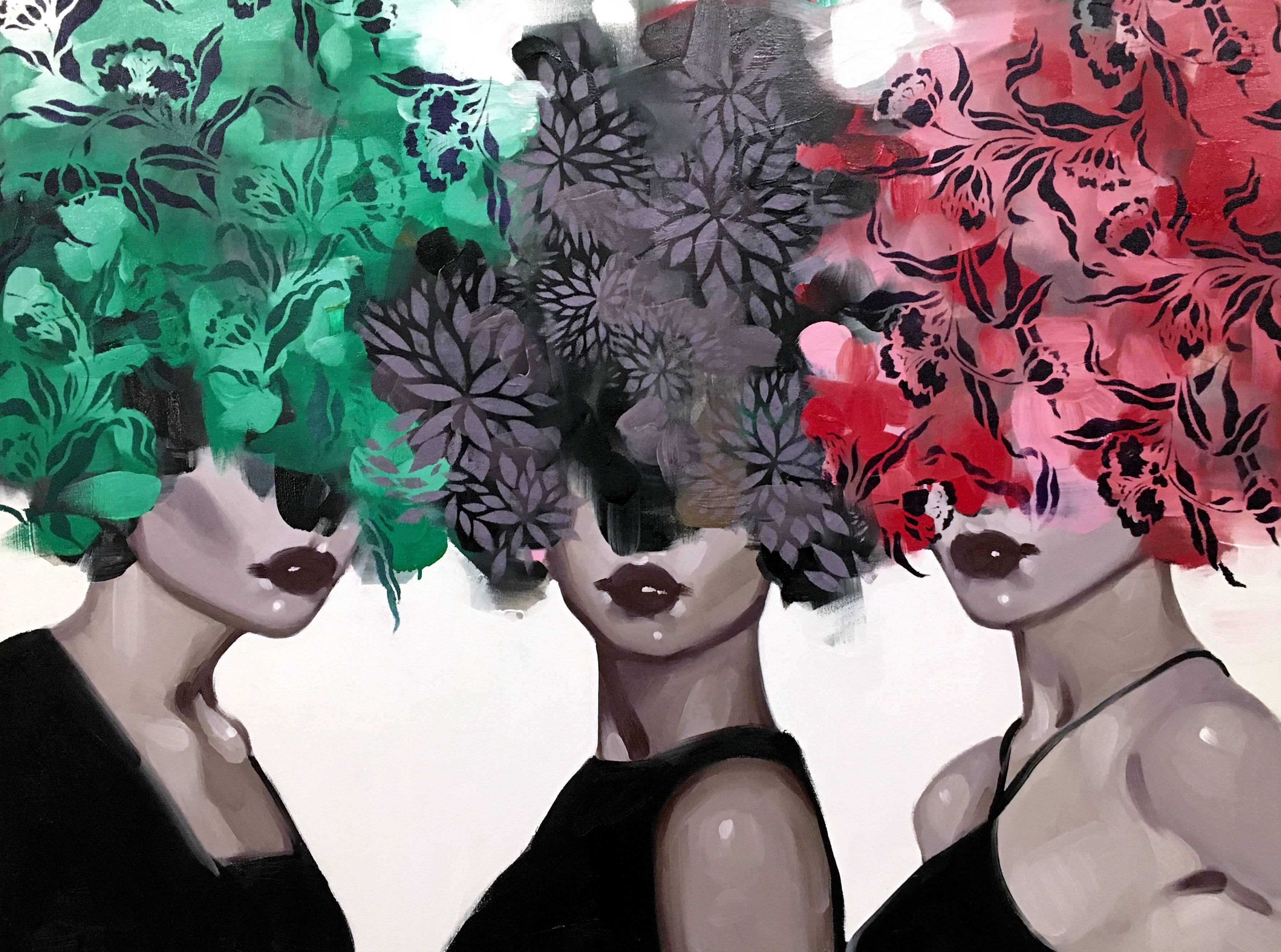 Anna Kincaide Figurative Painting - "Three's Company" portrait of three woman w/ red, green and grey floral bouquets