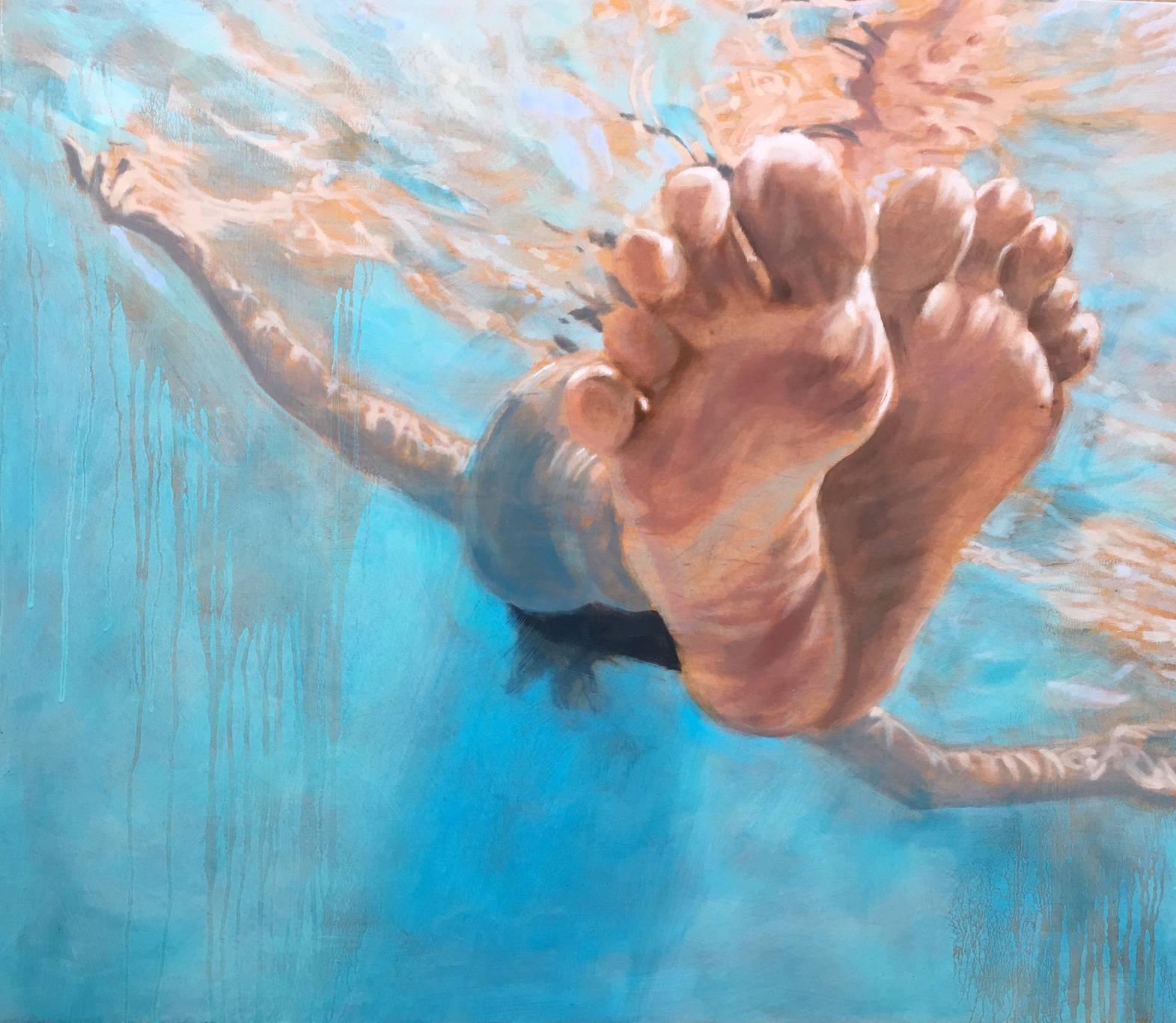 Carol Bennett Figurative Painting - "Hang Time" Oil painting of feet floating in a blue pool 