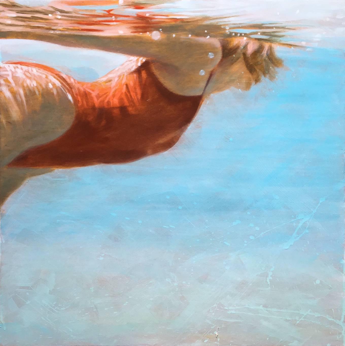 Carol Bennett Figurative Painting - "See Water" Oil Painting of a Woman in a Red Swimsuit in Blue Pool 