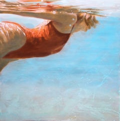 "See Water" Oil Painting of a Woman in a Red Swimsuit in Blue Pool