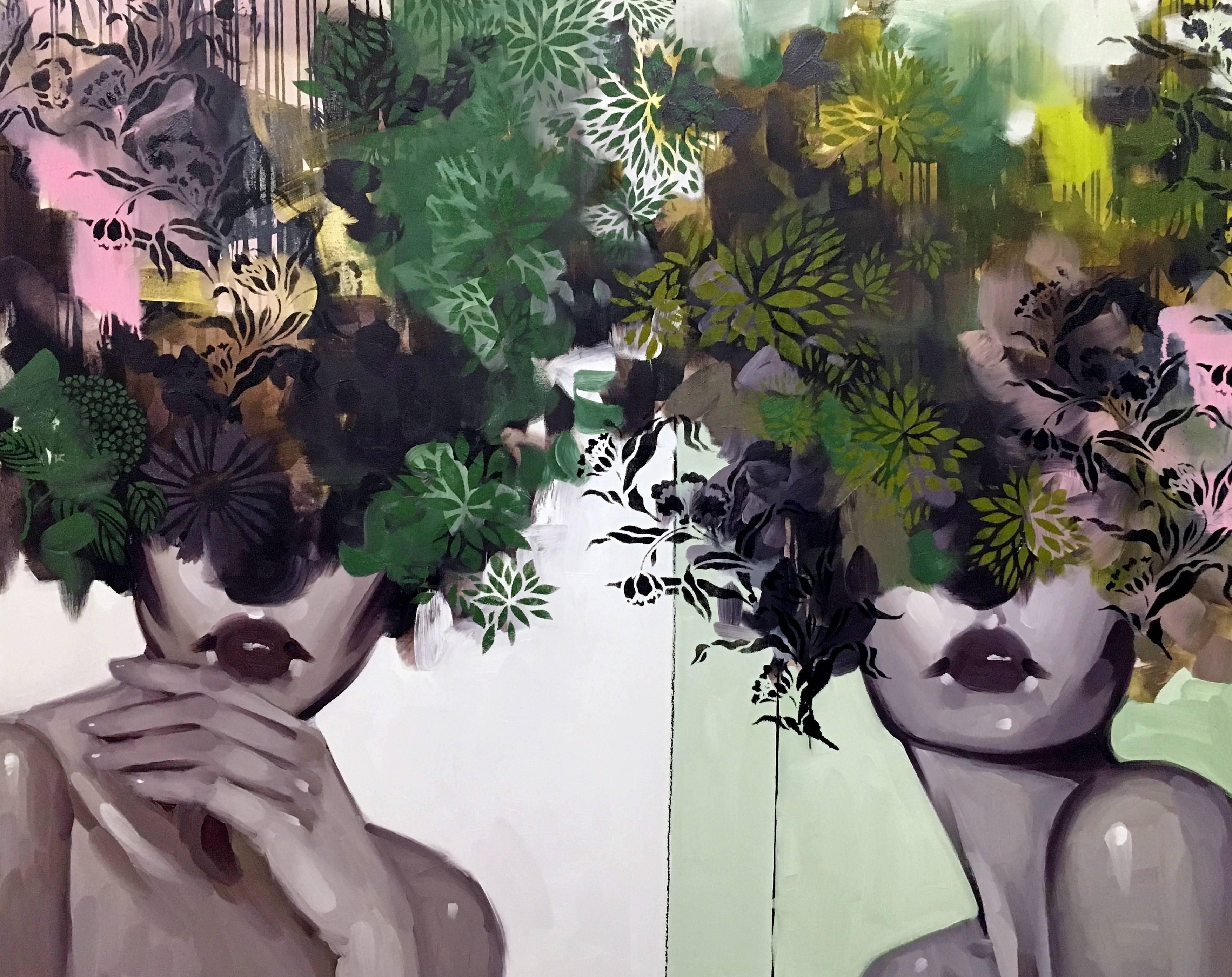 Anna Kincaide Figurative Painting - "Friend or Foe" oil portrait of two woman with green, pink and black floral head