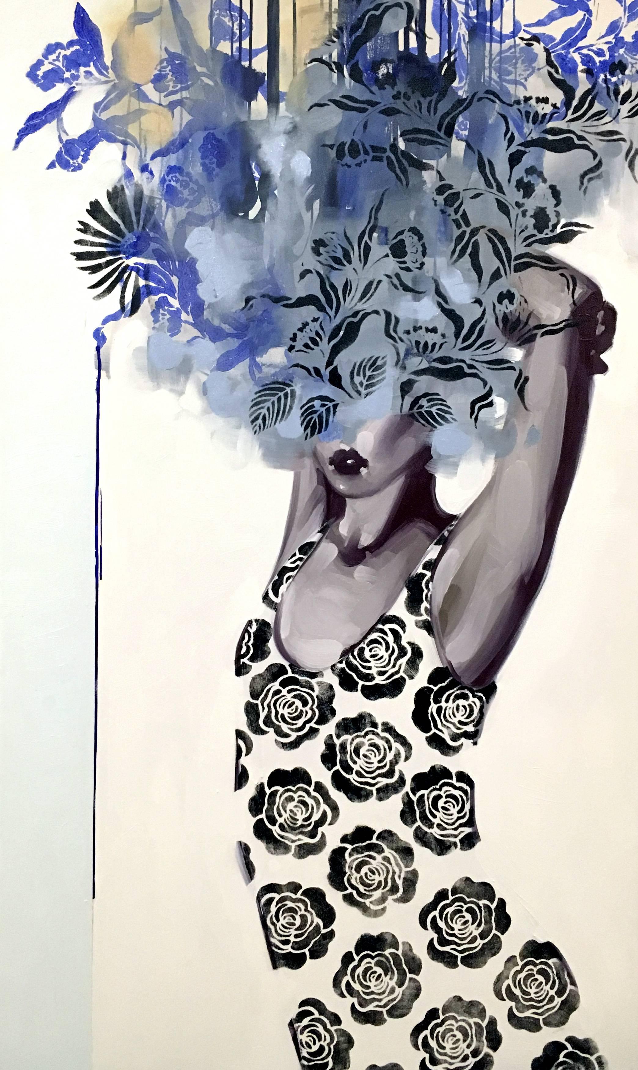 Anna Kincaide Figurative Painting - "Tempest" black & white oil painting of woman with floral bouquet over her eyes