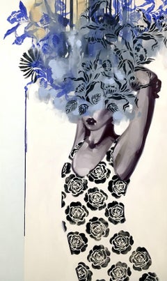 "Tempest" black & white oil painting of woman with floral bouquet over her eyes