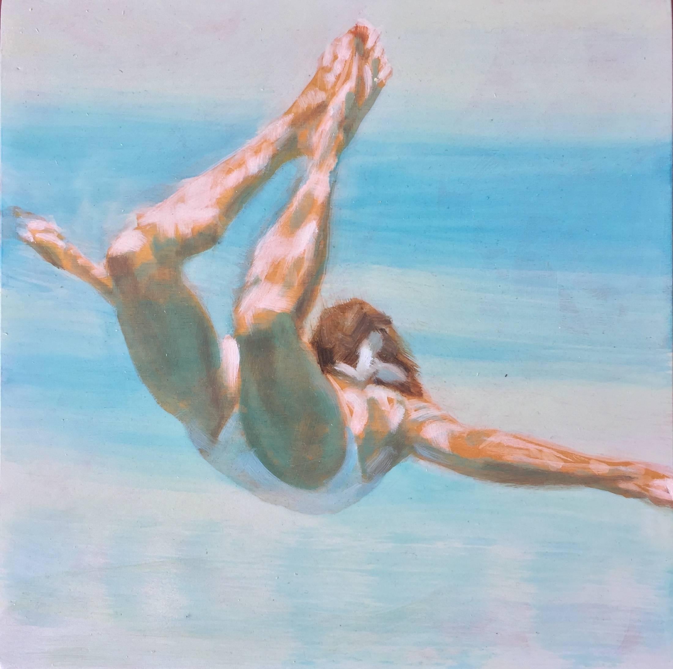 "Free Horizon" Oil painting of a woman in a white swimsuit in a blue pool