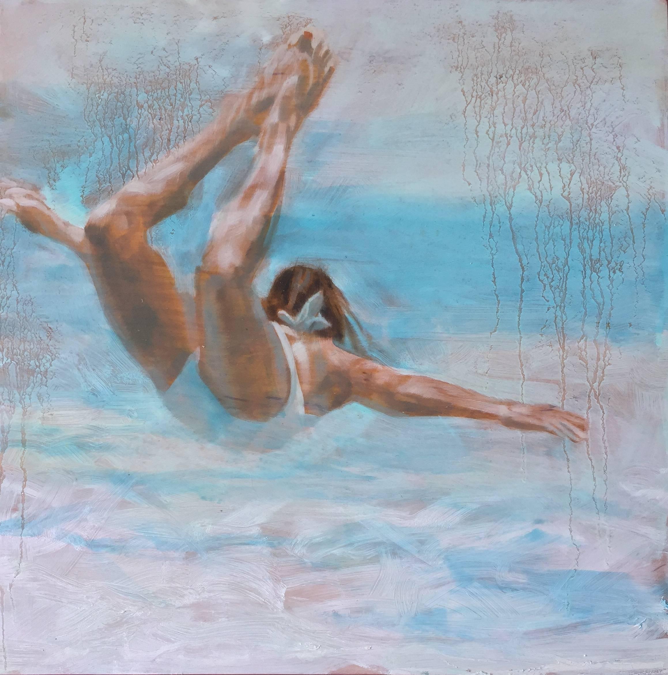 "Free Floating" Oil painting of a woman in a white swimsuit in a blue pool