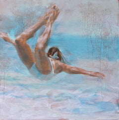 ""Free Floating"" Ölgemälde einer Frau in weißem Badeanzug in einem blauen Pool