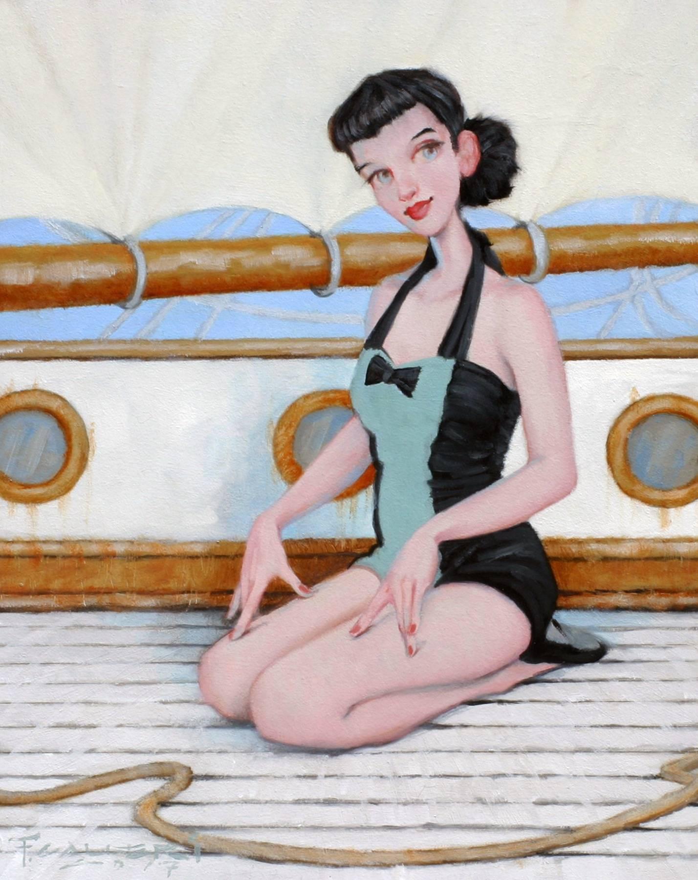 Fred Calleri Figurative Painting - "In It To Win It" oil painting of a figure in a vintage bathing suit on sailboat