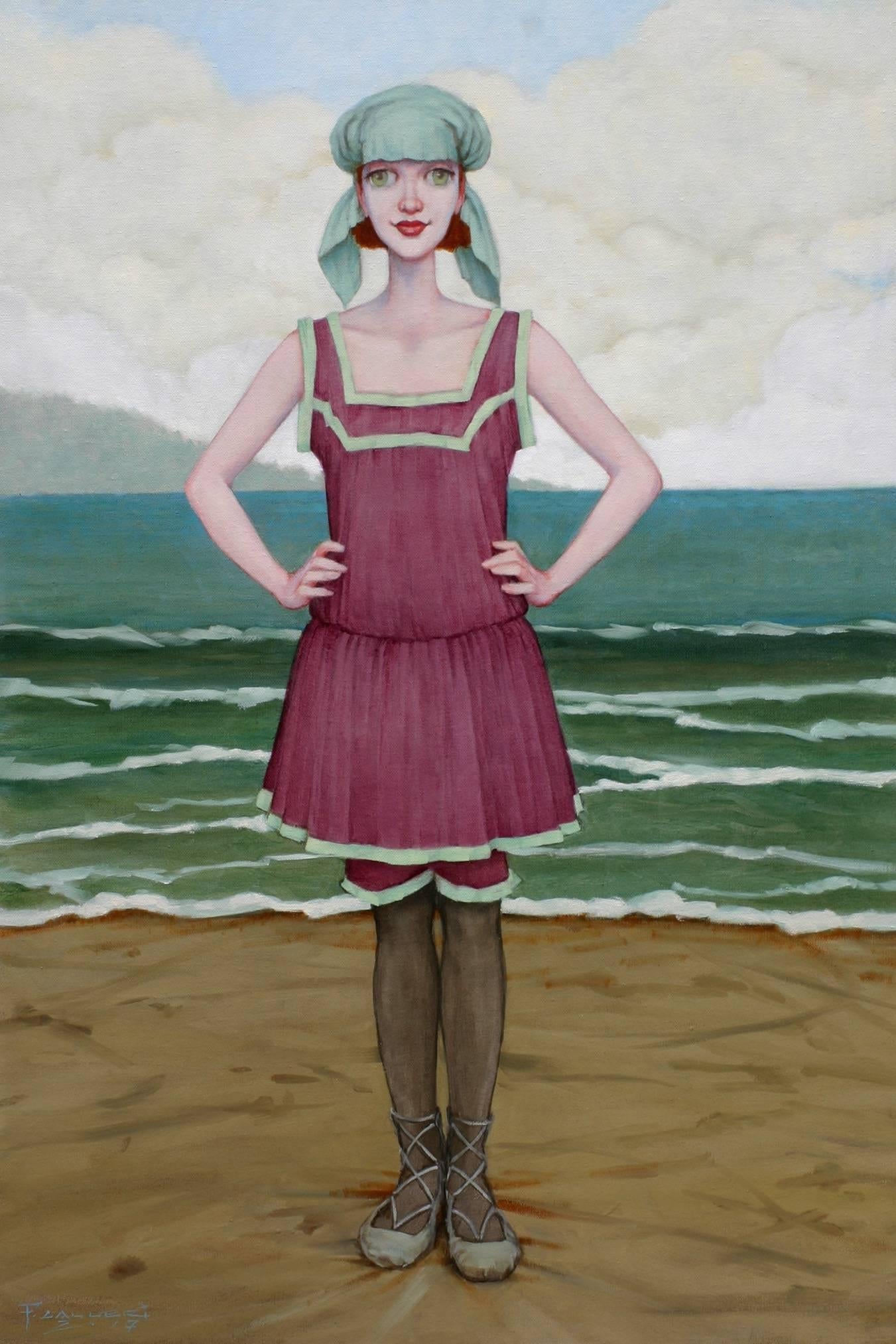 Fred Calleri Figurative Painting - "Sea Foam" Woman in Vintage Purple Bathing Suit Standing in front of Green Ocean