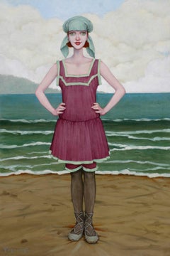 "Sea Foam" Woman in Vintage Purple Bathing Suit Standing in front of Green Ocean