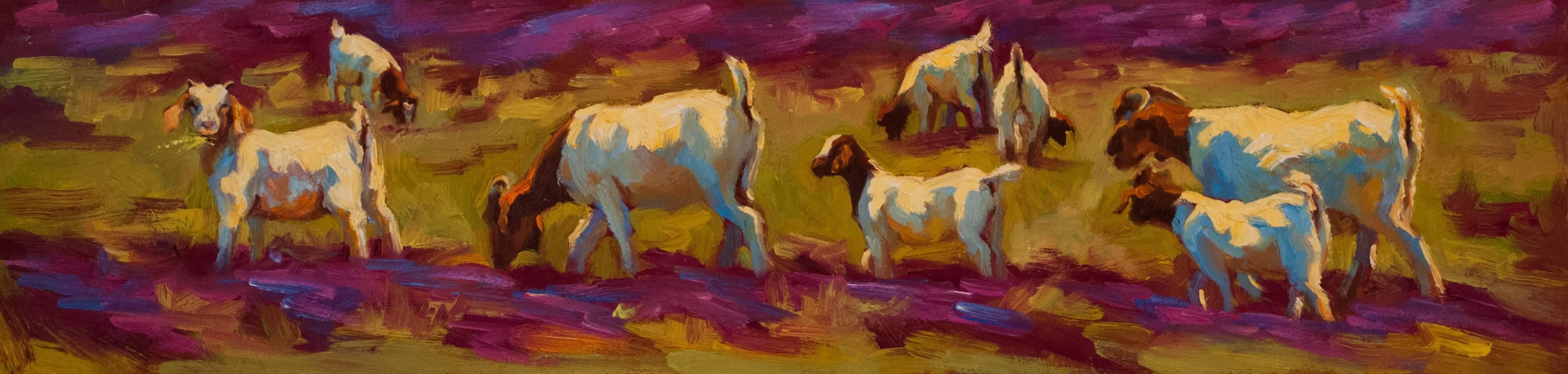 Cheri Christensen Animal Painting - "Browsing in Verbena Fields" Cute Goats in Bright Purple and Green Grass