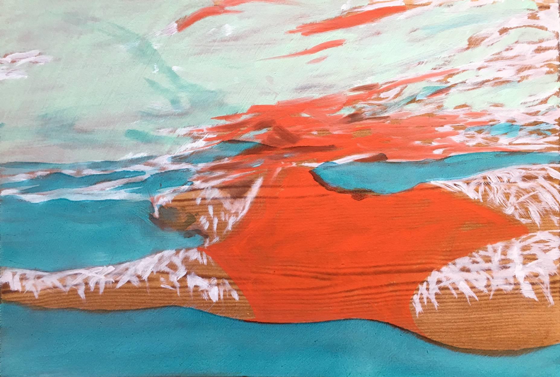 Carol Bennett Figurative Painting - "August Suspense (paper)" painting of a woman in a red swimsuit in a blue pool