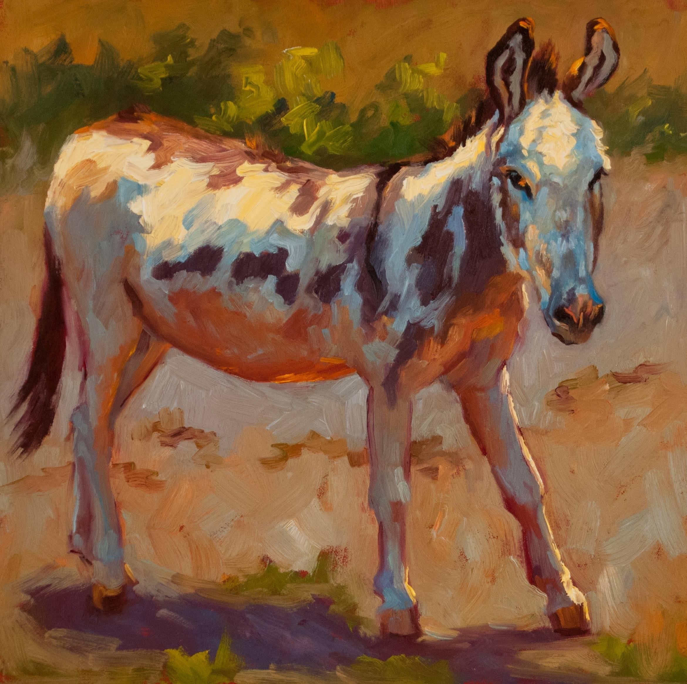Cheri Christensen Animal Painting - "Snickers" Impressionist style oil painting of Donkey in Browns, Neutrals, Green