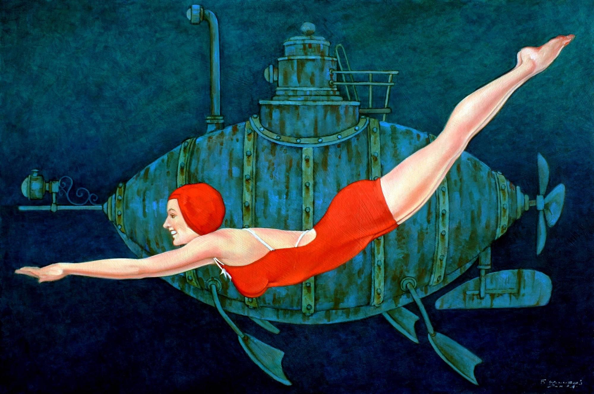 Fred Calleri Figurative Painting - "Busby Berkely" Woman in Red Bathing Suit Swimming in Deep Green with Submarine