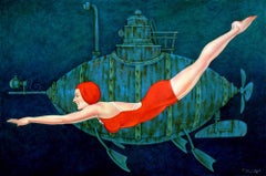 "Busby Berkely" Woman in Red Bathing Suit Swimming in Deep Green with Submarine