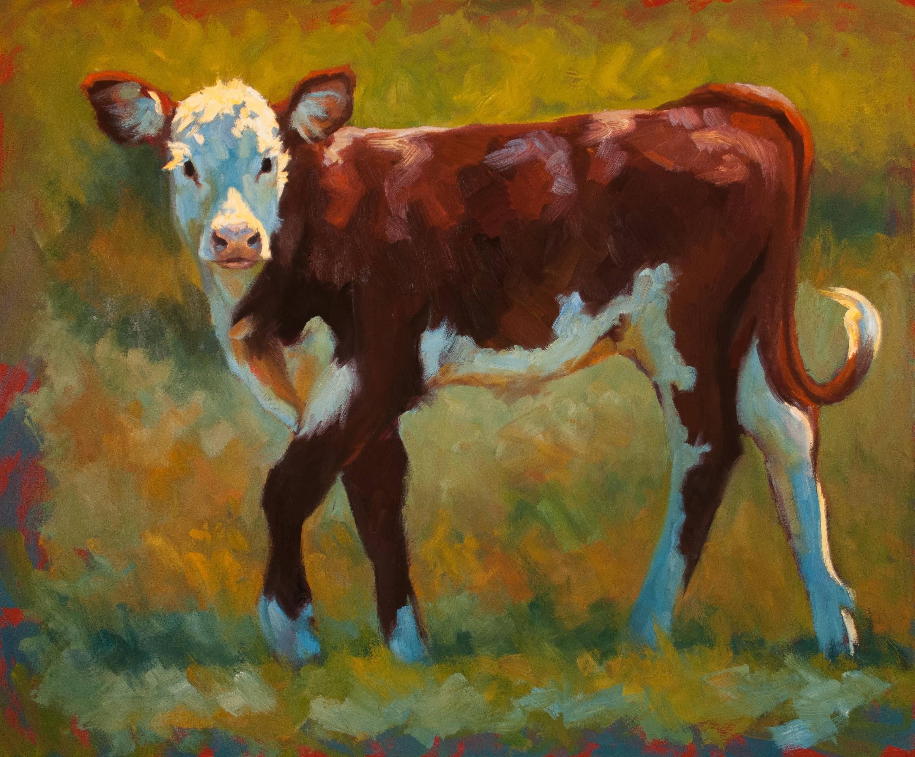 Cheri Christensen Animal Painting - "A Spring to Her Step" Painterly Dramatically Lit Cow with Bright Greens, Blues