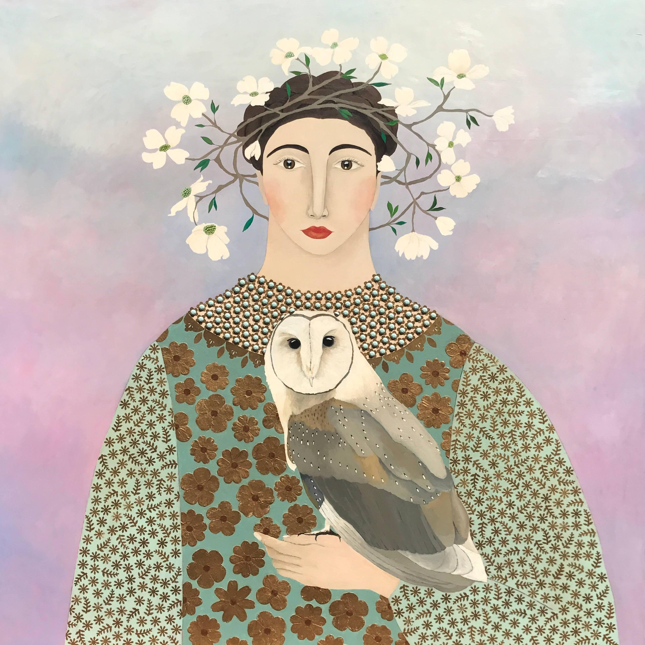 Leslie Barron Portrait Painting - "Afternoon Visit" Folksy Mixed Media, Owl and Woman with Floral Crown in Pastels