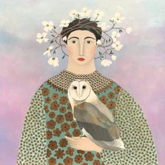 "Afternoon Visit" Folksy Mixed Media, Owl and Woman with Floral Crown in Pastels