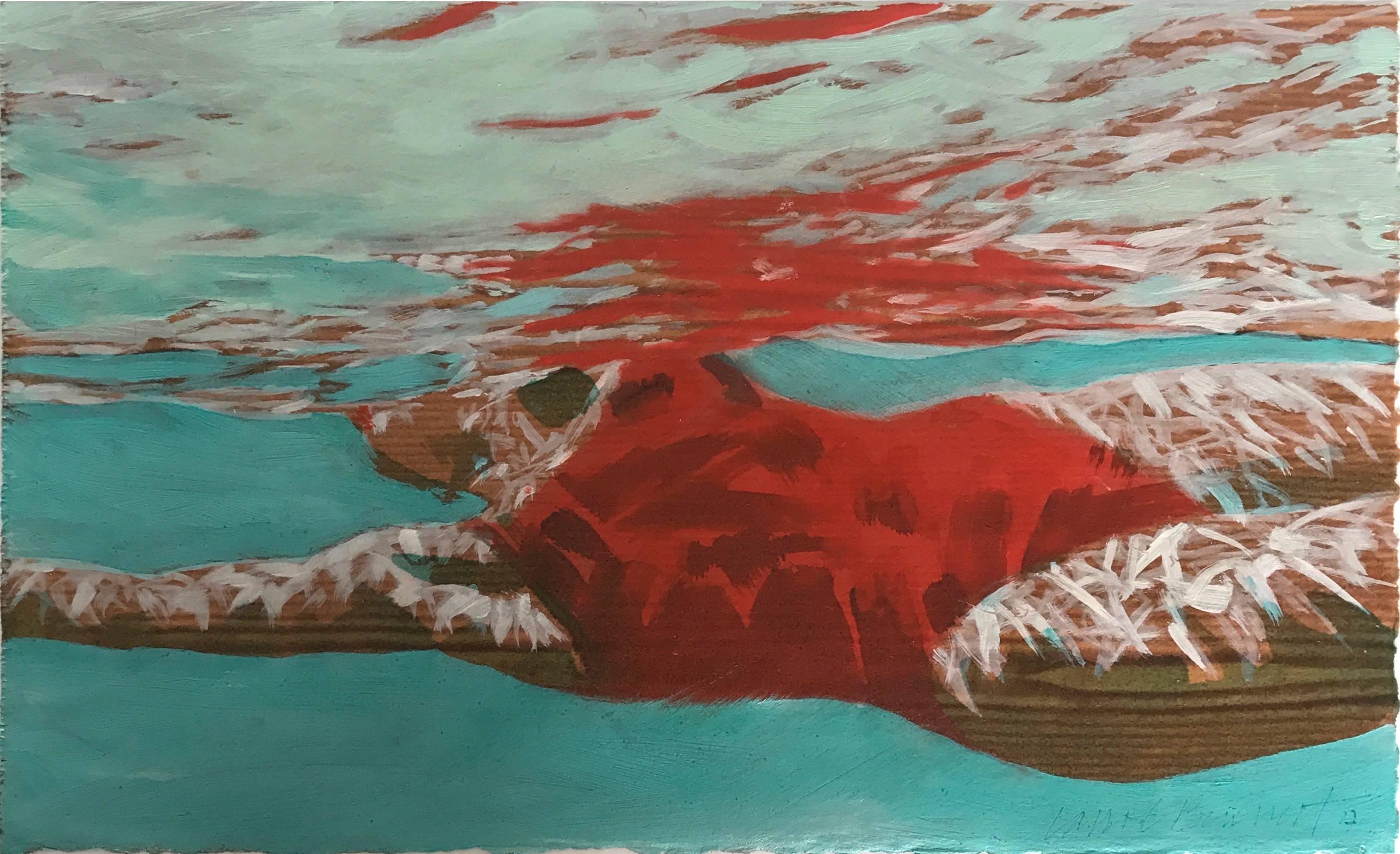 Carol Bennett Figurative Painting - "Suspense Study (Light)" Oil painting of a woman in a red swimsuit in blue pool