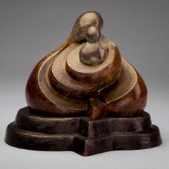 "Babe in Arms" bronze abstract sculpture of figure holding a child