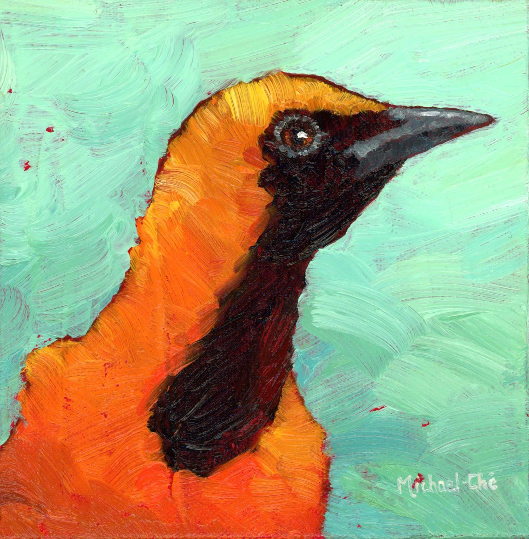 Michael-Che Swisher Animal Painting - "My Sunny Day" oil painting of an orange and black bird on a green background