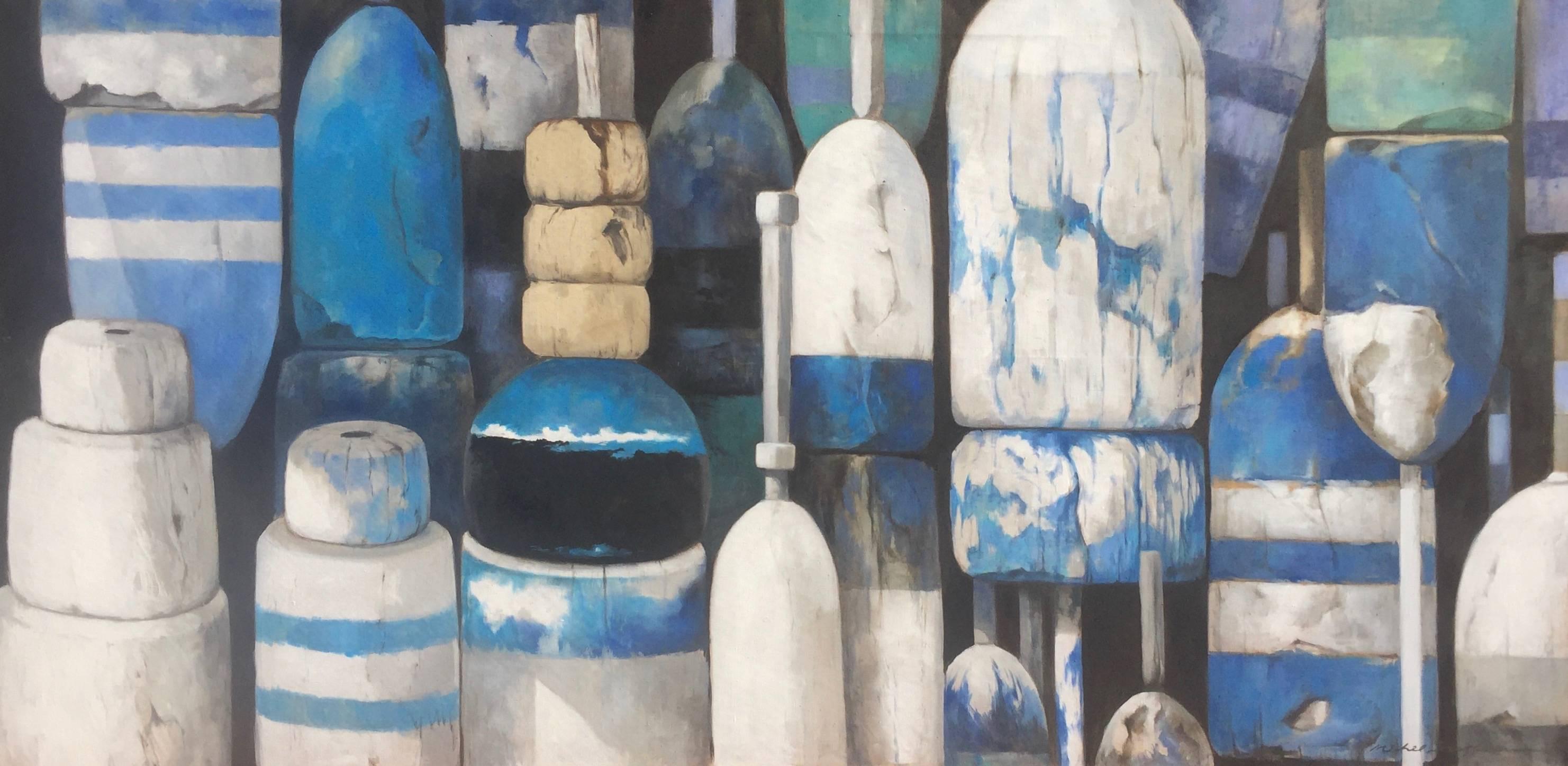 Michel Brosseau Still-Life Painting - "Band of Blues" Close-up of Blue, Turquoise, Black and White Bouys 