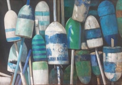 "Buoy Bouquet" photorealist oil painting of blue, white and green buoys on linen