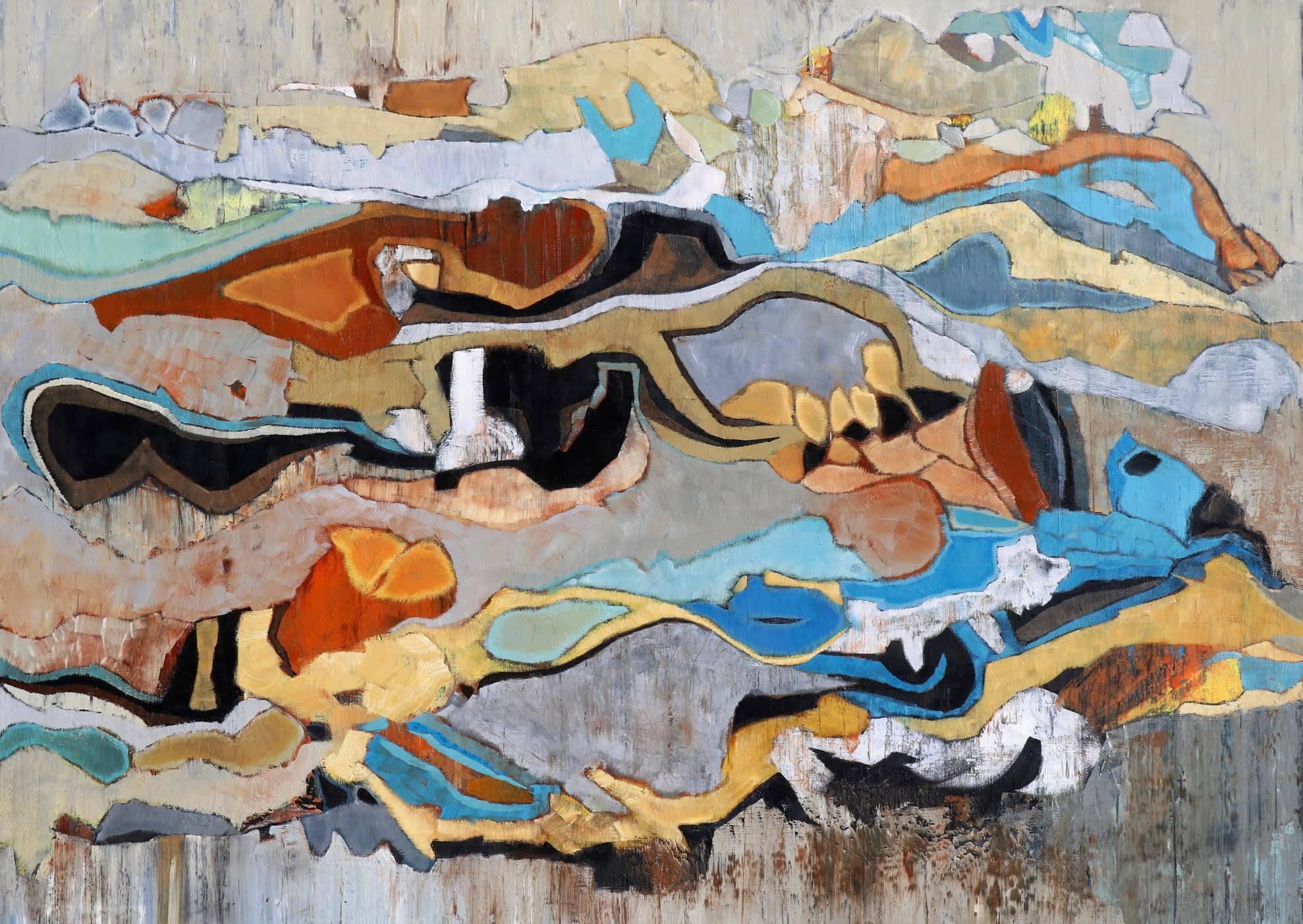 Chase Langford Abstract Painting - "Emerald Bay 22" Abstract in Browns, Turquoise, Blue, Orange, Neutrals