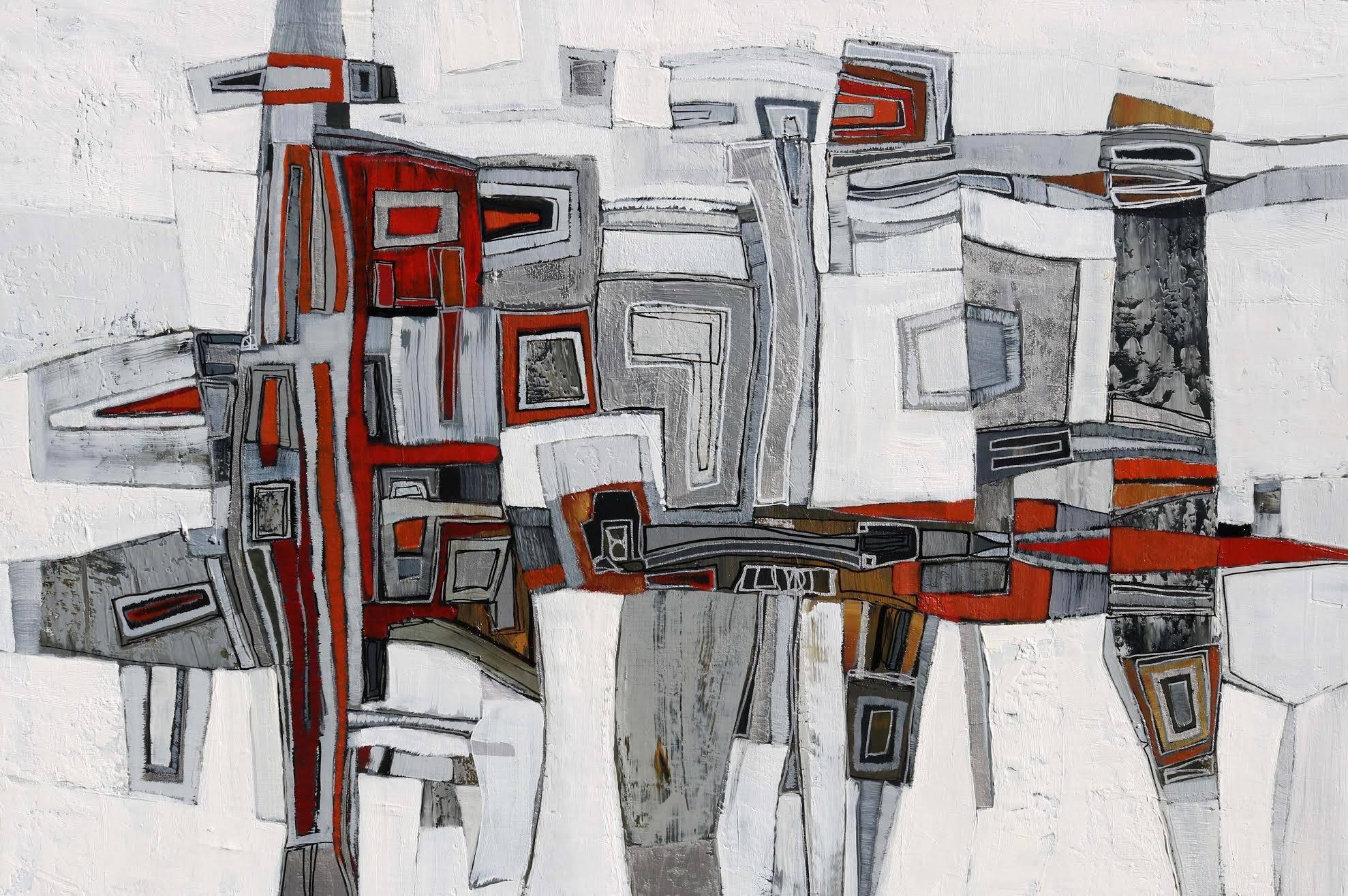 Chase Langford Abstract Painting - "Essex 4" geometric abstract oil painting in red, grey and white