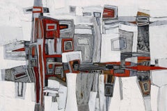 "Essex 4" geometric abstract oil painting in red, grey and white