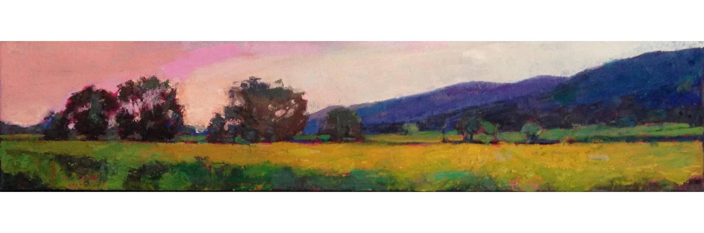 Larry Horowitz Landscape Painting - "Napa Hillside" oil painting of California landscape, pink sky and green field