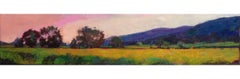 "Napa Hillside" oil painting of California landscape, pink sky and green field