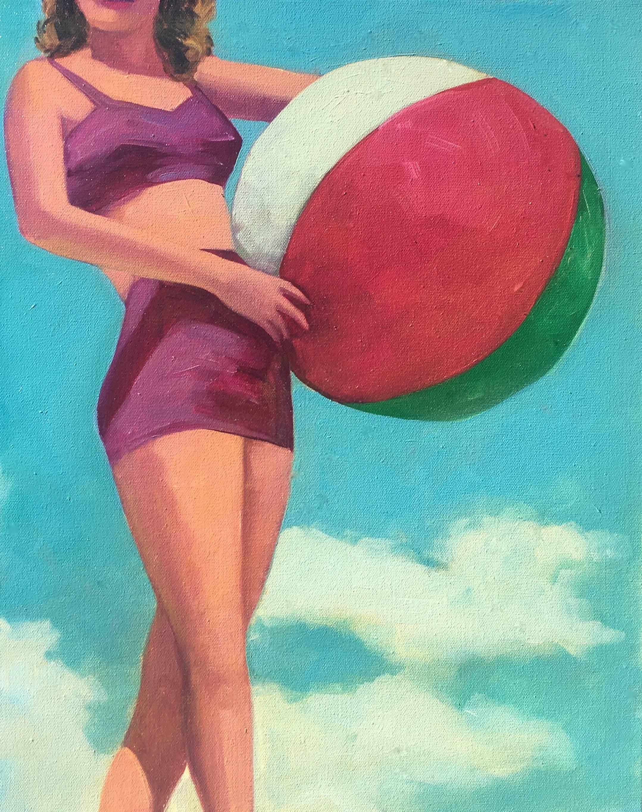 T.S. Harris Figurative Painting - "Summer Sunshine" Woman in Purple Bathing Suit with Turquoise Sky
