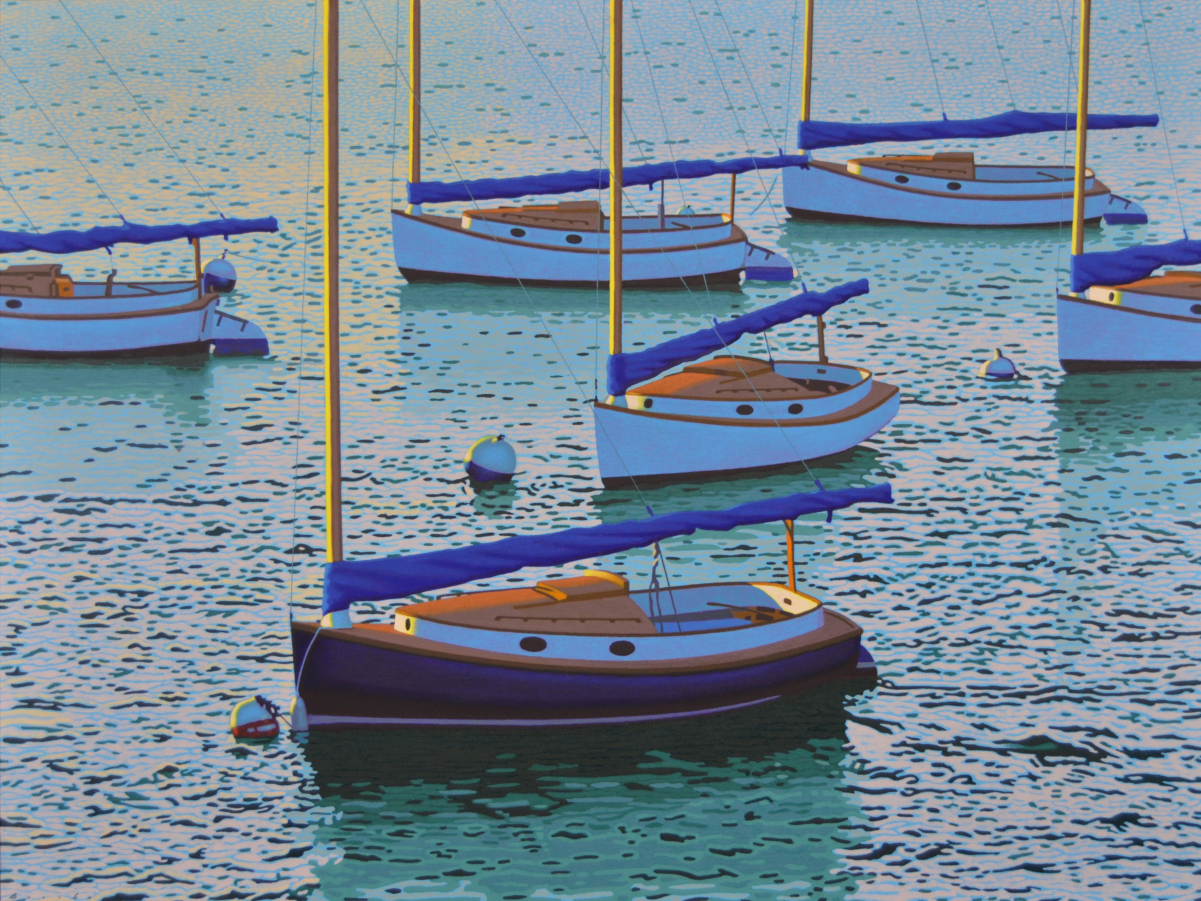 Rob Brooks Landscape Painting - "Cats" Sailboats in Blue Ocean, Calm Quiet Seascape
