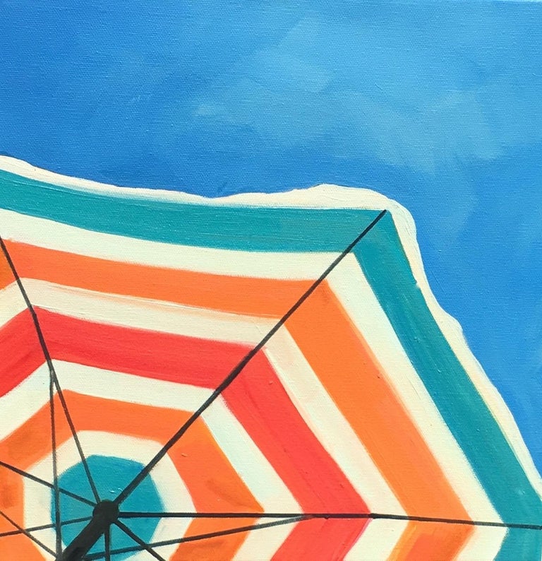 T.S. Harris Still-Life Painting - "Bright Umbrella" Painting of a Striped Beach Umbrella in a Cloudless Sunny Sky