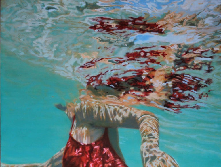 "Papillion" Oil painting of a Woman in a Red Bathing Suit Swimming Under Water 1
