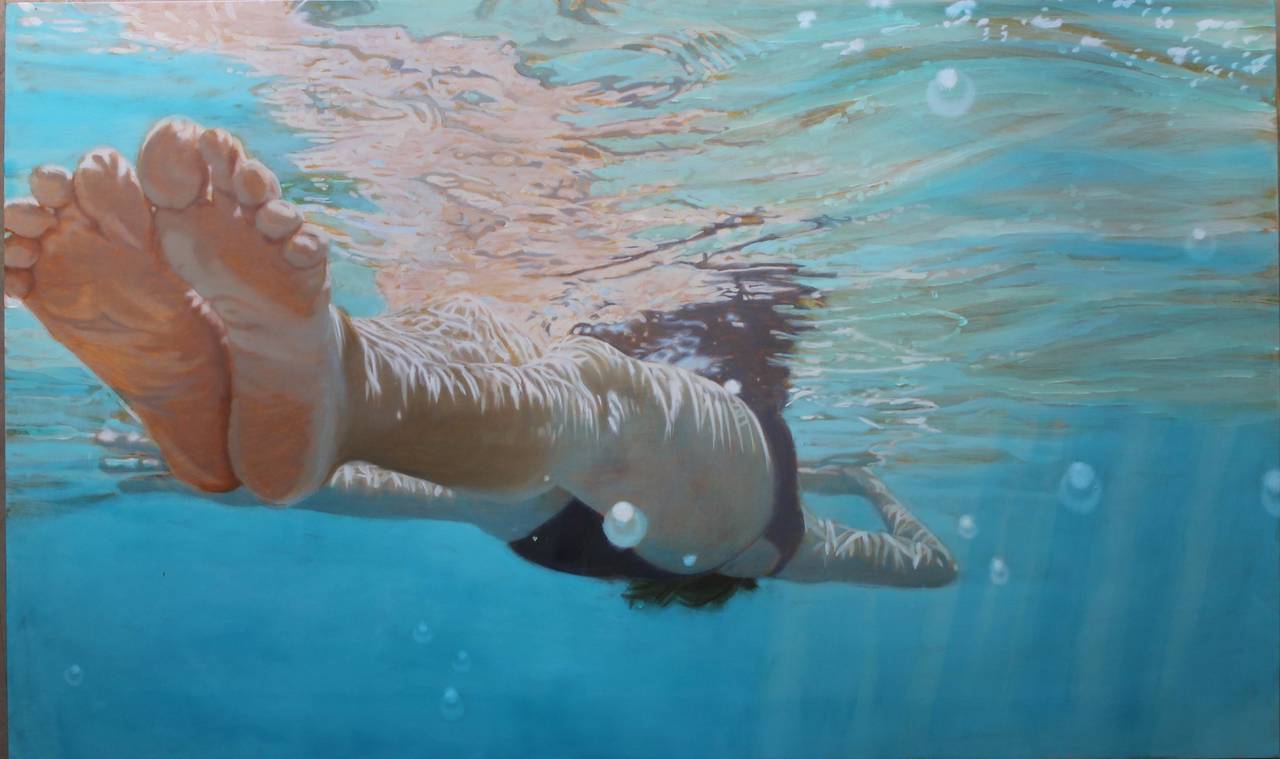 "Relax" oil painting of a swimmer floating in a blue pool