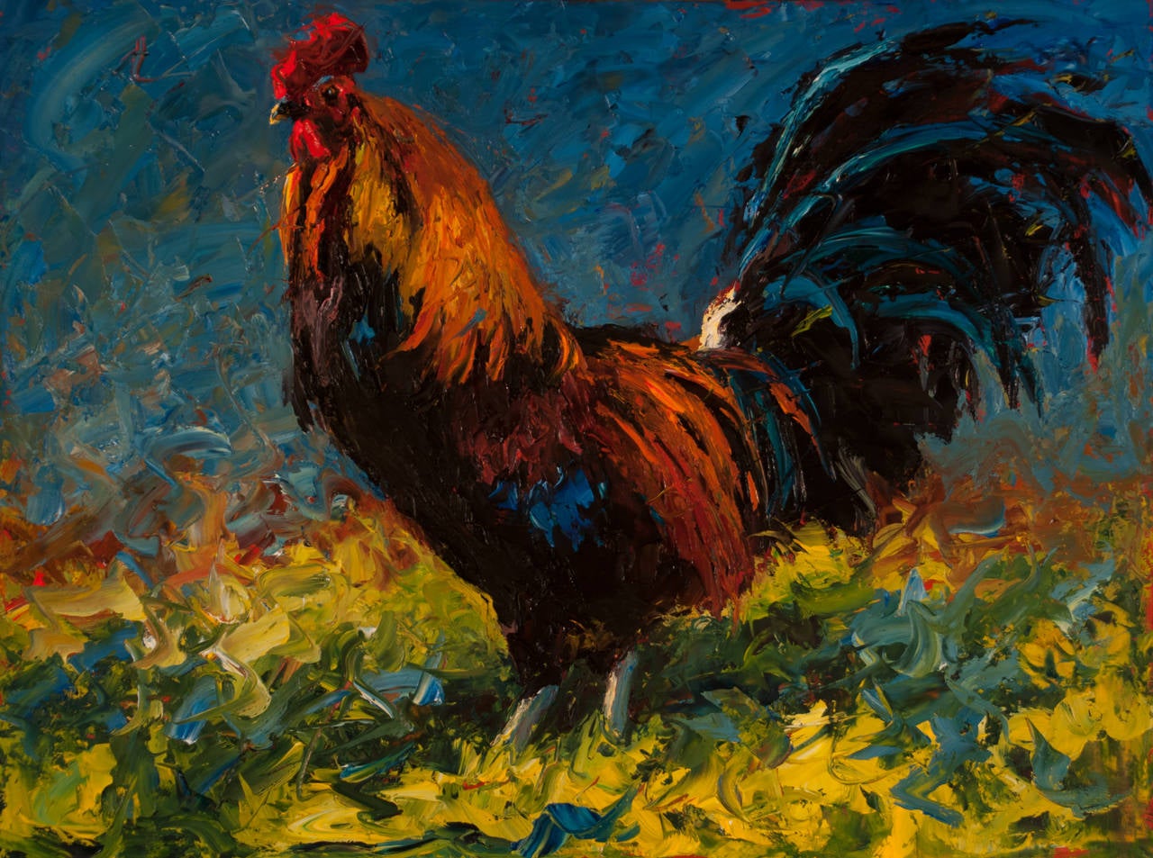 Cheri Christensen Animal Painting - "Rowdy Rooster" Colorful Painterly Depiction of a Rooster with Blue Background