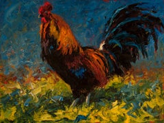 "Rowdy Rooster" Colorful Painterly Depiction of a Rooster with Blue Background