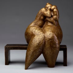 "A Secret" bronze sculpture of a rounded figure whispering to another