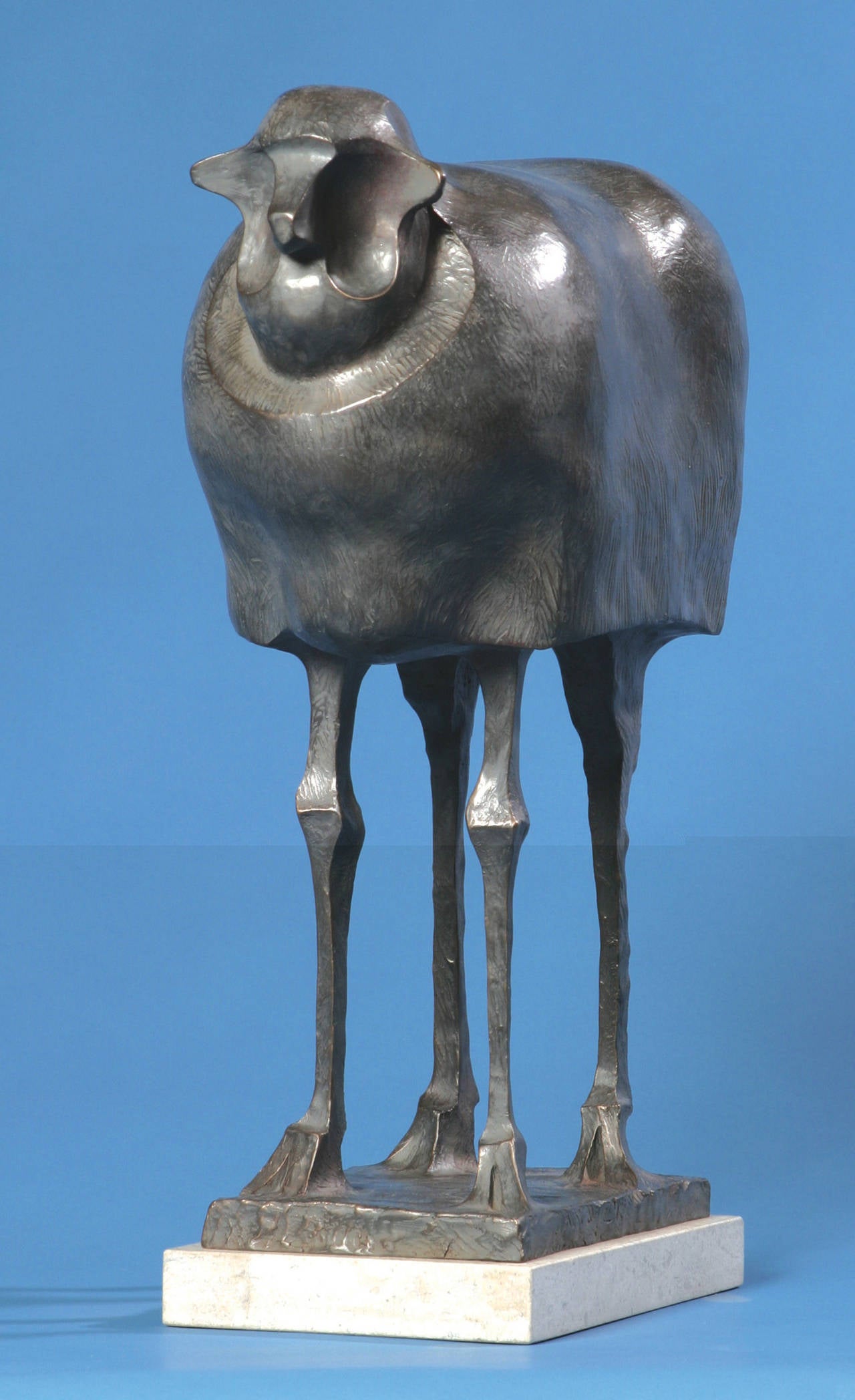 Wayne Salge Figurative Sculpture - "Three Bags Full" Silver-colored bronze depiction of a sheep. 