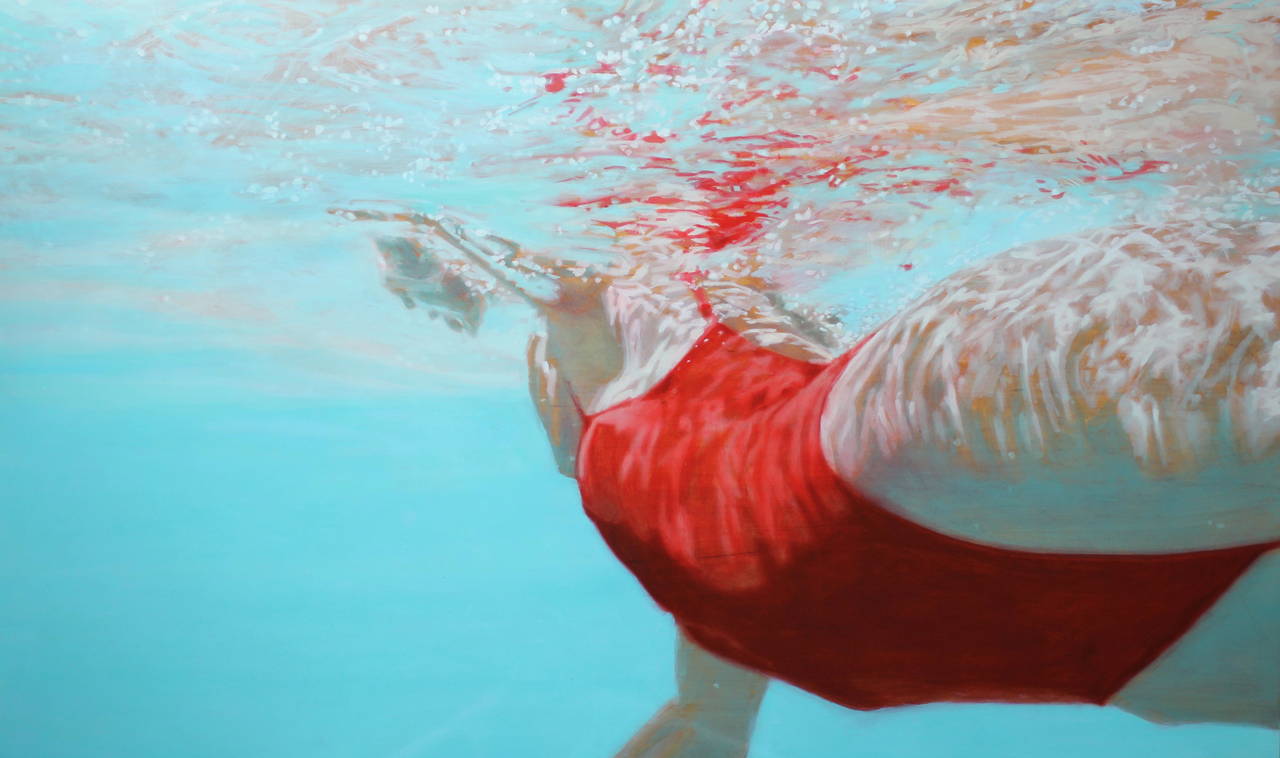 Carol Bennett Figurative Painting - "Water Colors" Woman Swimming in Red Bathing Suit with Reflections on Water