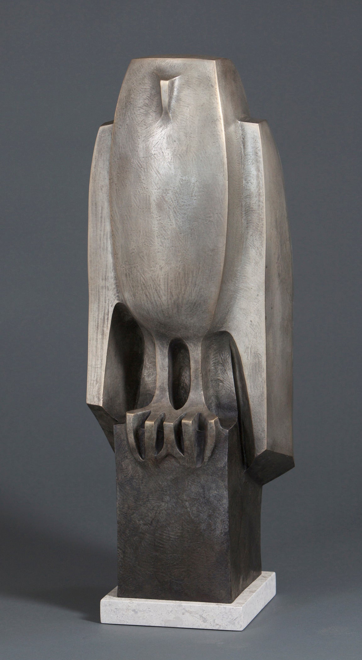 "Whoo 10/12" modern bronze sculpture of an owl with gray patina