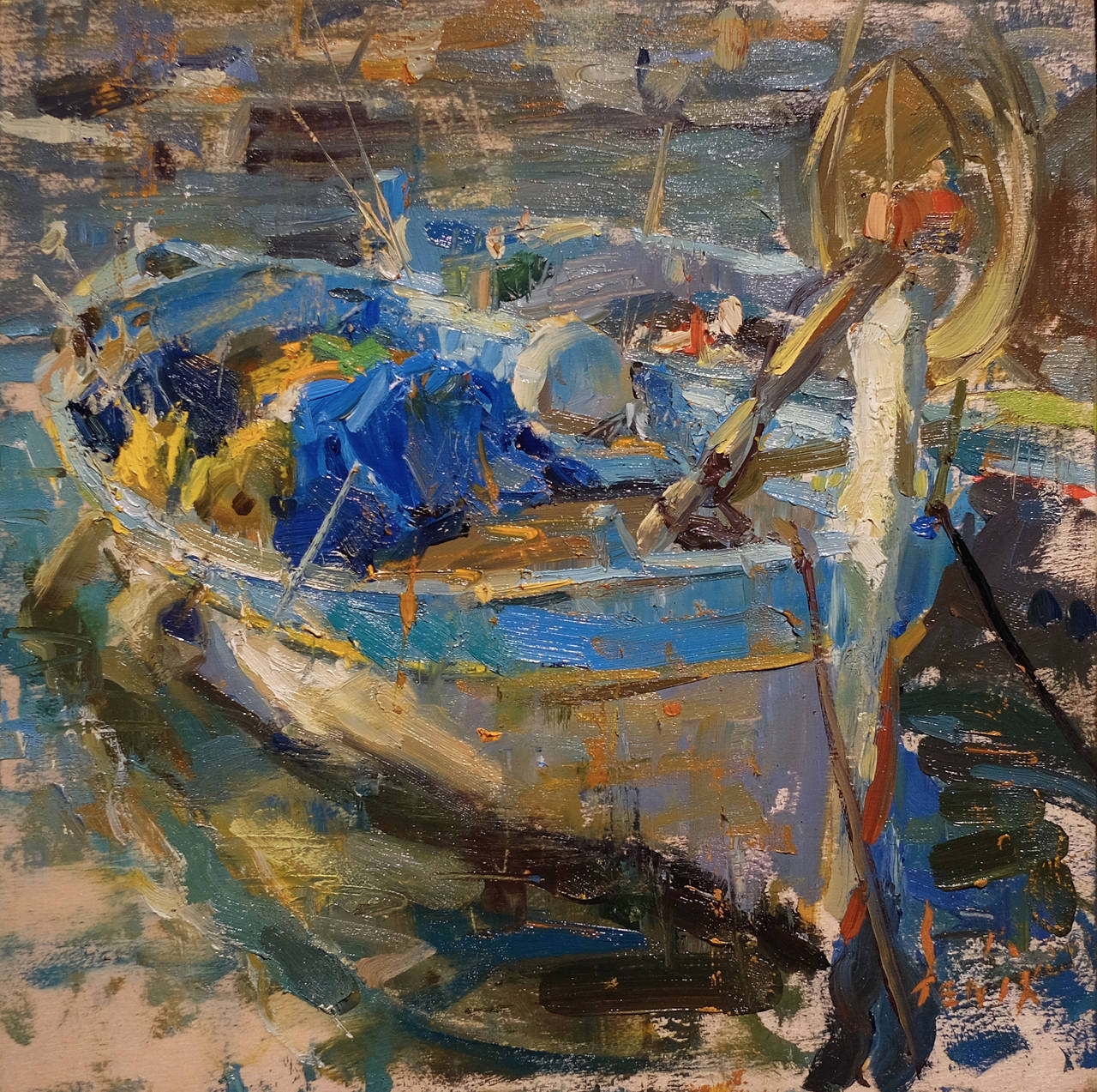 Derek Penix Landscape Painting - Gold and Blue in Villefranche