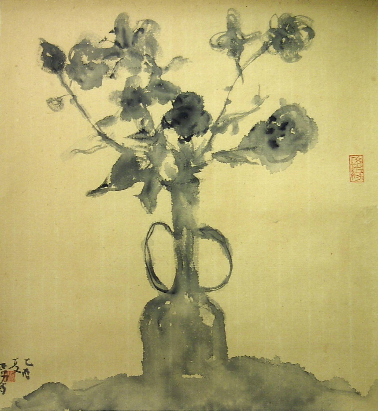 Luo Yanan Still-Life - "Untitled #4" Chinese still life of a vase of flowers in black ink on paper 