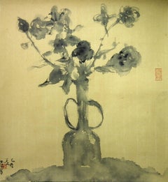 "Untitled #4" Chinese still life of a vase of flowers in black ink on paper