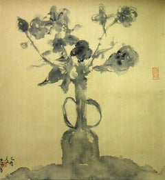 "Untitled #4" Chinese still life of a vase of flowers in black ink on paper 