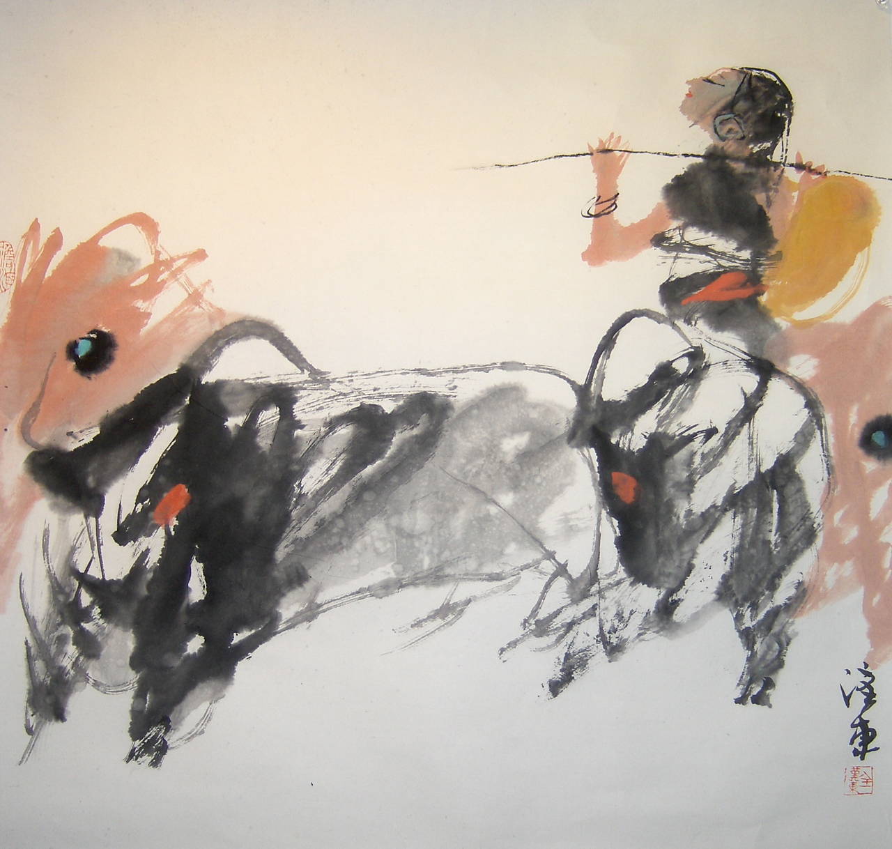 Quan Handong Figurative Art - "#9 Mountain Oxen Series" Chinese abstract ink on paper work of figure and oxen